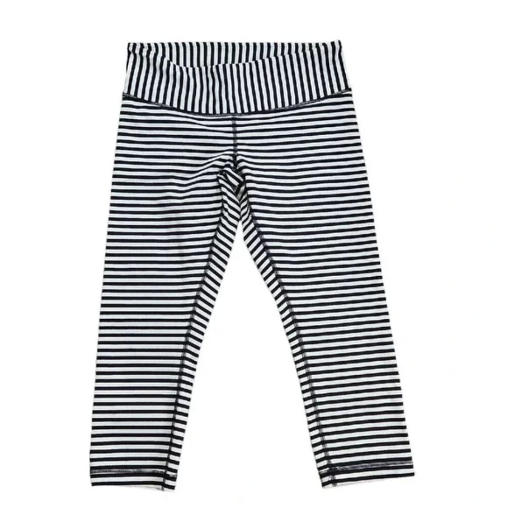 Lululemon Wunder Under Crop Leggings Size 6 Black White Stripe Bold Narrow